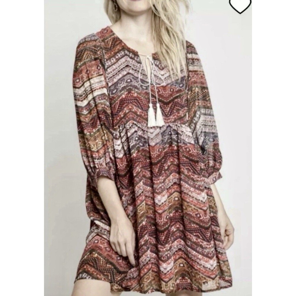 Umgee Tie Front Red Aztec Mix Print Tassel Boho Babydoll Dress Women’s Small
